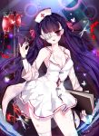  1girl bandages black_hair blood blood_bag book bow breasts butterfly cleavage cowboy_shot eyepatch hair_bow harin_0 hat long_hair monitor nurse nurse_cap original red_bow red_eyes scissors skirt solo syringe twintails white_skirt 