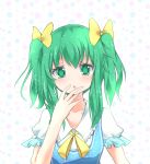  1girl alternate_hairstyle bow daiyousei green_eyes green_hair hair_bow hand_to_own_mouth heart heart-shaped_pupils mickeysmith solo symbol-shaped_pupils touhou twintails 