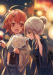  2girls ahoge alternate_hairstyle amoranorem backlighting blurry bokeh brown_hair candy_apple cotton_candy depth_of_field floral_print hair_bun hair_ornament hair_tucking hairclip hand_in_hair i-58_(kantai_collection) japanese_clothes kantai_collection kimono long_hair looking_at_another multiple_girls obi open_mouth sash short_hair small_breasts u-511_(kantai_collection) upper_body 