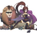  1girl armor brown_hair btraphen cape green_eyes lion long_hair looking_at_viewer mask one_knee original pleated_skirt ponytail pose skirt strapless tagme thigh-highs zettai_ryouiki 
