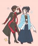  ... 2boys black_hair blue_eyes boots bow brown_hair directional_arrow grin hair_bow haori heart height_difference high_heel_boots high_heels japanese_clothes kashuu_kiyomitsu male_focus multiple_boys nightcat ponytail red_eyes scarf shinsengumi smile spoken_ellipsis spoken_heart touken_ranbu yamato-no-kami_yasusada 