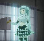  boots curtains glowing highres miss_monochrome miss_monochrome_(character) screencap silver_hair thigh-highs thigh_boots twintails window 