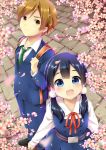  1boy 1girl backpack bag black_hair blue_eyes brown_eyes brown_hair cherry_blossoms flower highres hikariin25 kitashirakawa_tamako long_hair low_twintails ooji_mochizou school_uniform short_hair tamako_market twintails 