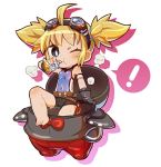  ! 1girl :t ;t ahoge animal_costume belt black_gloves blush chaki_(teasets) chibi drinking gloves granblue_fantasy pengi_(granblue_fantasy) penguin_costume short_hair short_twintails shorts simple_background solo speech_bubble spoken_exclamation_mark twintails white_background wink 