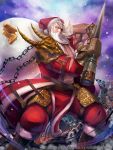  1boy armor beard chain copyright_request eyepatch facial_hair fantasy gauntlets gloves gold_bar hat highres leg_armor mikeyama_mike muscle official_art old_man one_eye_covered sack santa_claus santa_hat shoulder_armor snow solo spiked_gloves weapon white_hair 