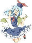  1girl blue_eyes blue_hair bow calligraphy_brush dress hat k-on! kamishirasawa_keine long_hair open_mouth paintbrush parody ribbon scroll shiromizakana_(style) smile solo style_parody taishi_(moriverine) team_shanghai_alice touhou 