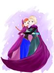  2girls anna_(frozen) blonde_hair cape elsa_(frozen) frozen_(disney) hidaka_ajiko highres hug multiple_girls orange_hair siblings sisters 