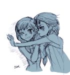  2girls anger_vein angry anna_(frozen) elsa_(frozen) frozen_(disney) hand_on_wall monochrome multiple_girls scared siblings sisters sketch tom_(frozen) wince 