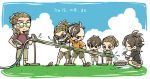  2boys blue_sky bowl brown_hair chopsticks clenched_teeth clouds dated eating food fudou_akio goggles grass hairlocs inazuma_eleven inazuma_eleven_(series) inazuma_eleven_go kidou_yuuto long_hair male_focus multiple_boys multiple_persona nagashi_soumen noodles older open_mouth outdoors saku_anna sandals short_hair sky smile squatting standing water younger 