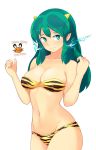  1girl arms bikini blush breasts cleavage collarbone green_eyes green_hair groin highres horns large_breasts long_hair lum navel oni pointy_ears shirosu simple_background smile solo sparks swimsuit tiger_print urusei_yatsura white_background 