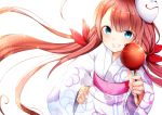  blue_eyes blush candy_apple kantai_collection kawakaze_(kantai_collection) kimono long_hair personification redhead twintails 