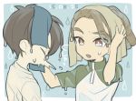  2boys brown_hair closed_eyes dated fudou_akio hairlocs inazuma_eleven inazuma_eleven_(series) kidou_yuuto male_focus multiple_boys open_mouth saku_anna short_hair simple_background sneezing towel upper_body water_drop wet younger 