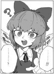  ! ... 1girl ? blush bow cirno greyscale hair_bow ice ice_wings looking_at_viewer monochrome pointing pointing_at_viewer short_hair solo space_jin touhou wings 