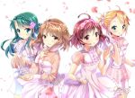 4girls blonde_hair brown_eyes brown_hair dress gleision_adain green_eyes green_hair kasukabe_haru long_hair multiple_girls nonohara_hime red_eyes redhead serizawa_momoka short_hair signature tokyo_7th_sisters tsunomori_rona