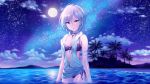  1girl :o ahoge anastasia_(idolmaster) artist_request beach bikini blue_eyes eyelashes full_moon highres idolmaster idolmaster_cinderella_girls jewelry looking_at_viewer moon necklace night ocean official_art palm_tree short_hair silver_hair solo star swimsuit tree wading water wet wet_clothes 