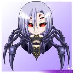  1girl arachne breasts carapace character_name chibi copyright_name crossed_arms detached_sleeves extra_eyes eyes_visible_through_hair full_body hair_over_one_eye insect_girl lavender_hair monster_girl monster_musume_no_iru_nichijou multiple_legs navel pelvic_curtain rachnera_arachnera red_eyes rikuto_kemo smile solo spider_girl under_boob 