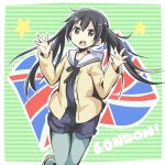  1girl black_hair brown_eyes cardigan flag k-on! k-on!_movie long_hair nakano_azusa pantyhose riai_(onsen) shorts twintails union_jack 