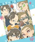  2boys blue_sky brown_hair candy_apple clouds cotton_candy fudou_akio goggles grin hairlocs inazuma_eleven inazuma_eleven_(series) inazuma_eleven_go japanese_clothes kidou_yuuto kimono long_hair male_focus multiple_boys multiple_persona older open_mouth outdoors rhinoceros_beetle saku_anna shaved_ice shisa short_hair sky smile spoon starfish v younger yukata 