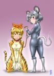  2girls animal_costume animal_ears aozame_takao ass blonde_hair blush breast_squeeze breasts collar fangs grey_hair hair_ornament kneeling leash mouse_costume mouse_ears mouse_tail multicolored_hair multiple_girls nazrin open_mouth red_eyes silver_hair standing streaked_hair tail tiger_costume tiger_print toramaru_shou touhou v_arms yellow_eyes 