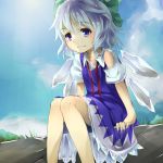  1girl blue_dress blue_eyes blue_hair blue_sky cirno clouds dress grass hair_ribbon knees_together light_frown looking_at_viewer outdoors piyodesu puffy_short_sleeves puffy_sleeves ribbon short_hair short_sleeves sitting sky solo torn_sleeve touhou wings 
