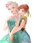  2girls anna_(frozen) ano_(sbee) blonde_hair blue_eyes braid elsa_(frozen) frozen_(disney) green_eyes hair_up hand_on_own_chest holding_hands hug hug_from_behind multiple_girls orange_hair siblings single_braid sisters 