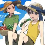  2boys arm_support basket blue_sky brown_hair carrying clouds cucumber dated eating fudou_akio hairlocs hat inazuma_eleven inazuma_eleven_(series) kidou_yuuto male_focus multiple_boys open_mouth outdoors saku_anna sitting sky sun_hat tomato 