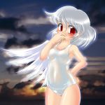  blush kishin_sagume red_eyes school_swimsuit shiny shiny_clothes swimsuit touhou white_hair white_school_swimsuit white_swimsuit wings winn 