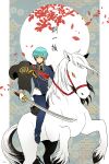  1boy aqua_hair autumn_leaves cape gloves highres horse ichigo_hitofuri katana leaf male_focus military military_uniform necktie nightcat riding seigaiha smile sword touken_ranbu uniform weapon white_gloves yellow_eyes 