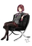  1girl chair dated nabeshima_tetsuhiro necktie one_eye_closed original pantyhose plaid plaid_skirt red_eyes redhead short_hair sitting skirt solo twitter_username uniform white_background 