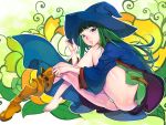  1girl alicesoft bangs barefoot blue_eyes blunt_bangs boots cape crossed_legs green_hair hat jacket long_hair masou_shizuka panties rance_(series) removing_shoe solo underwear witch witch_hat 