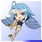  1girl :d ahoge blue_hair blue_wings breasts brown_eyes character_name chibi copyright_name feathered_wings full_body harpy monster_girl monster_musume_no_iru_nichijou navel open_mouth papi_(monster_musume) rikuto_kemo scales short_shorts shorts smile solo talons wings 