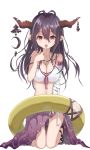  1girl absurdres antenna_hair bandages bikini breasts cleavage danua finger_to_mouth granblue_fantasy hair_between_eyes highres horn_ornament innertube jewelry kneeling long_hair looking_at_viewer mugcup necklace open_mouth pointy_ears purple_hair red_eyes solo strap_slip swimsuit 