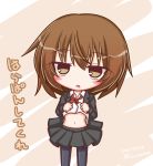  1girl :o bangs black_jacket black_legwear black_skirt blush bow bowtie brown_eyes brown_hair collared_shirt dated eyebrows_visible_through_hair hair_between_eyes head_tilt jacket kantai_collection komakoma_(magicaltale) lifted_by_self long_sleeves looking_at_viewer navel open_clothes open_jacket pantyhose parted_lips pleated_skirt red_neckwear shirt shirt_lift skirt solo stomach translation_request twitter_username wakaba_(kantai_collection) white_shirt 