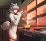  1girl animal_ears breasts closed_eyes eating food inubashiri_momiji kappougi large_breasts short_hair silver_hair skirt solo tagme tail tochinoko touhou wolf_ears wolf_tail 