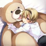  1boy blonde_hair blush brown_eyes crying fire_emblem fire_emblem_if leon_(fire_emblem_if) open_mouth shuri_yasuyuki solo stuffed_animal stuffed_toy teddy_bear 