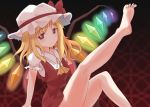  1girl ascot barefoot blonde_hair blush bow empty_eyes flandre_scarlet hat hat_bow leg_up mob_cap red_eyes solo touhou 