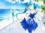  1girl aqua_hair beach blue_dress dress hair_ribbon hatsune_miku kama_ri long_hair ribbon skirt_hold twintails vocaloid 