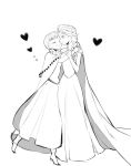  2girls anna_(frozen) blush braid cape closed_eyes couple elsa_(frozen) frozen_(disney) happy heart hidaka_ajiko highres hug incest incipient_kiss monochrome multiple_girls siblings single_braid sisters smile standing twin_braids yuri 