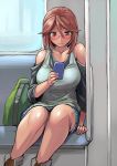  1girl blush breasts casual cellphone embarrassed glasses phone rozen_maiden sitting solo souseiseki train train_interior tsuda_nanafushi 