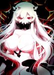  1girl breasts cleavage collarbone covered_mouth dress horns huge_breasts kantai_collection kimura_shiki long_hair looking_at_viewer midway_hime red_eyes shinkaisei-kan solo twitter_username upper_body very_long_hair white_dress white_hair white_skin 