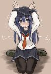  1girl akatsuki_(kantai_collection) arms_up blush commentary_request full-face_blush kantai_collection long_hair looking_at_viewer neckerchief open_mouth pantyhose purple_hair school_uniform serafuku sitting skirt solo translation_request trembling usui_harusame violet_eyes wariza 