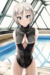  1girl anastasia_(idolmaster) arms_behind_back black_swimsuit blue_eyes blush breasts cleavage_cutout idolmaster idolmaster_cinderella_girls inoshira looking_at_viewer one-piece_swimsuit short_hair silver_hair smile solo swimsuit 
