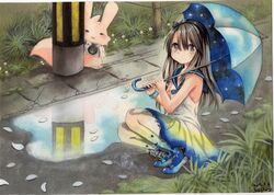  1girl black_eyes black_hair bow camera commentary dated dress gradient_dress gradient_legwear grass hair_bow long_hair looking_at_viewer mosho original paint_(medium) petals puddle reflection sailor_collar signature sleeveless sleeveless_dress smile sparkle squatting star telephone_pole traditional_media umbrella water watercolor_(medium) 