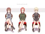  3girls blonde_hair blue_eyes blush brown_eyes brown_hair crossed_arms crossed_legs erica_hartmann gertrud_barkhorn highres long_hair looking_at_viewer military military_uniform minna-dietlinde_wilcke multiple_girls open_mouth pomery red_eyes redhead short_hair sitting smile strike_witches twintails uniform 