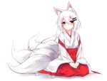  1girl absurdres animal_ears blue_eyes blush fox_ears fox_tail haegiwa hair_ornament hakama highres japanese_clothes looking_at_viewer miko multiple_tails original seiza short_hair simple_background sitting solo tail white_background white_hair 