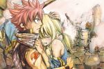  1boy 1girl blonde_hair crying fairy_tail fairy_tail_houou_no_miko hand_on_head hands_on_another&#039;s_head hug lucy_heartfilia mashima_hiro natsu_dragneel pink_hair ruins scarf serious spiky_hair tattoo tears torn_clothes twintails 