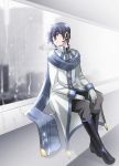  1boy blue_eyes blue_hair boots caffein coat gloves headset highres kaito kaito_(vocaloid3) looking_to_the_side rain scarf sitting vocaloid white_gloves window 