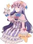 1girl bow capelet double_bun hat hat_bow long_hair mob_cap n-mix patchouli_knowledge purple_hair sash solo star touhou twitter_username very_long_hair violet_eyes white_hair wide_sleeves 