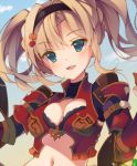  1girl armor bikini_armor blonde_hair blue_eyes blue_sky blush braid breasts cleavage cleavage_cutout clouds granblue_fantasy hair_intakes hair_ornament hairband kagura_uguisu long_hair lowres navel pumpkin_hair_ornament sky solo twintails upper_body zeta_(granblue_fantasy) 