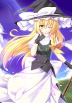  1girl absurdres blonde_hair bow finger_to_mouth fingerless_gloves gloves hat hat_bow highres k_liss_s kirisame_marisa light_rays one_eye_closed solo sunbeam sunlight touhou witch_hat yellow_eyes 